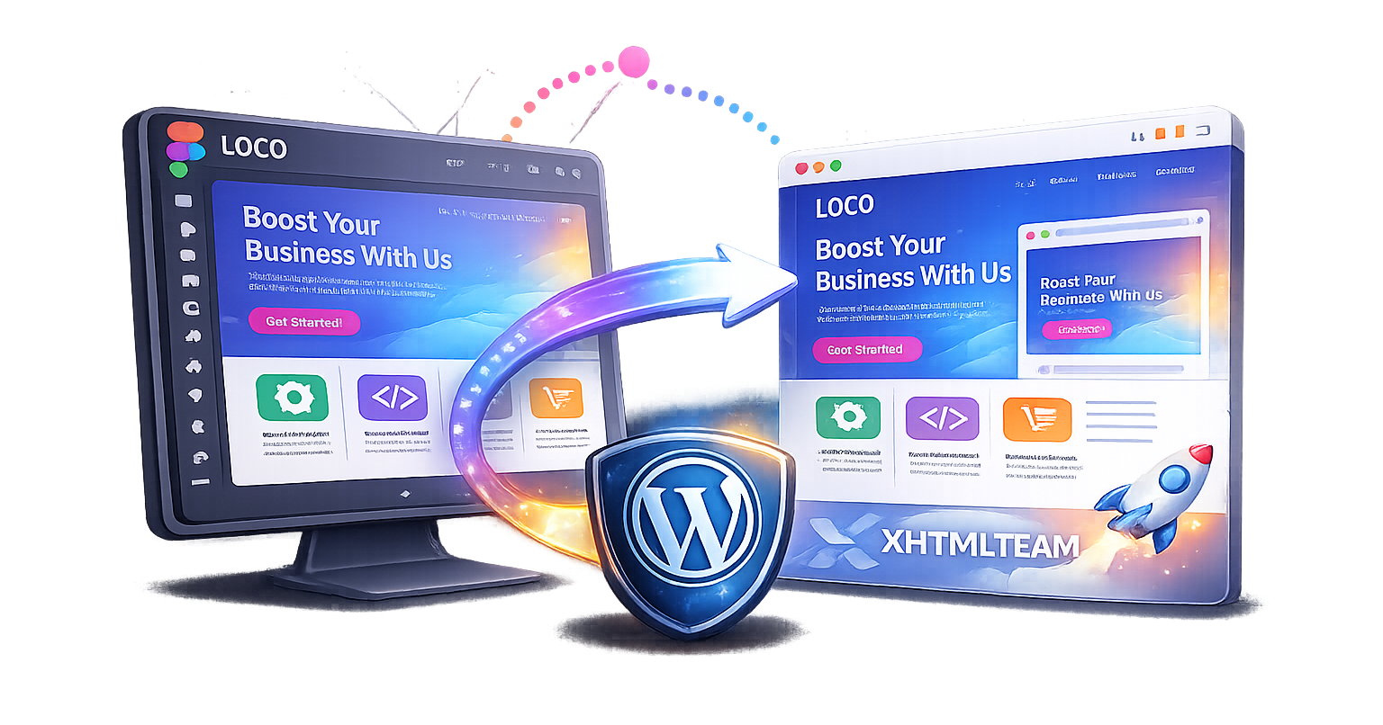 Figma to WordPress website development process by XHTMLTEAM showing design to WordPress conversion